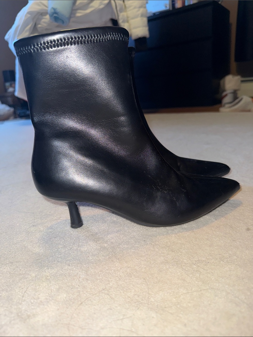 Black Pointed-Toe Kitten Heel Ankle Boots